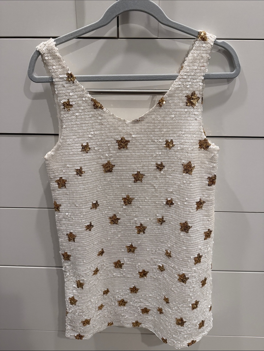 White Sequin Tank Dress with Gold Star Embellishments